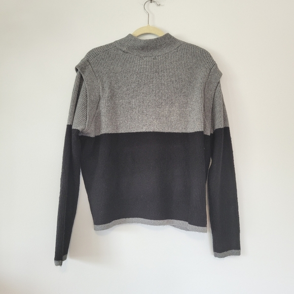 HALOGEN Black & Grey Color Block High Neck Unique Shoulder Long Sleeve Sweater - Picture 3 of 9